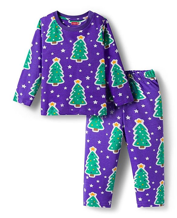 Babyhug Cotton Knit Full Sleeves Co-ords Night Suit with Christmas Print - Purple
