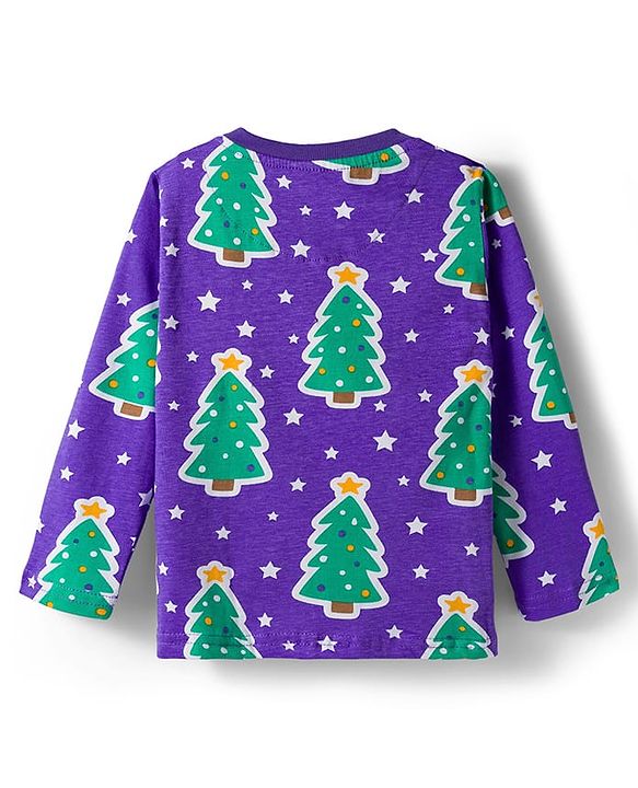 Babyhug Cotton Knit Full Sleeves Co-ords Night Suit with Christmas Print - Purple