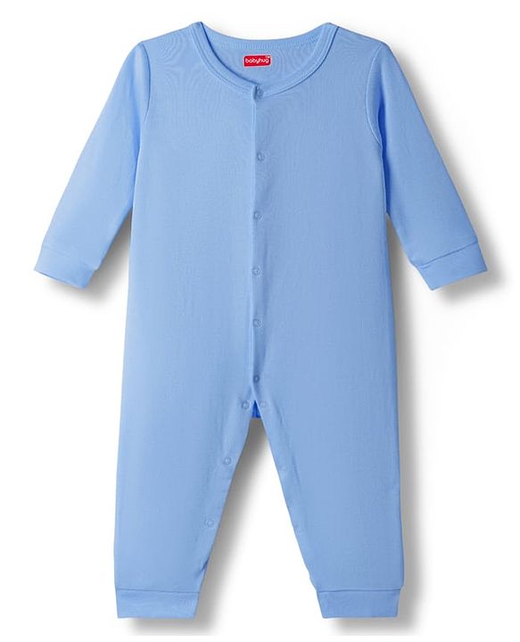 Babyhug 100% Cotton Knit Full Sleeves Solid Color Romper - Light Blue