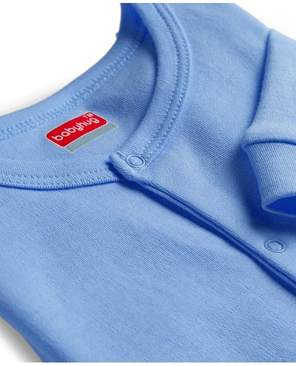 Babyhug 100% Cotton Knit Full Sleeves Solid Color Romper - Light Blue