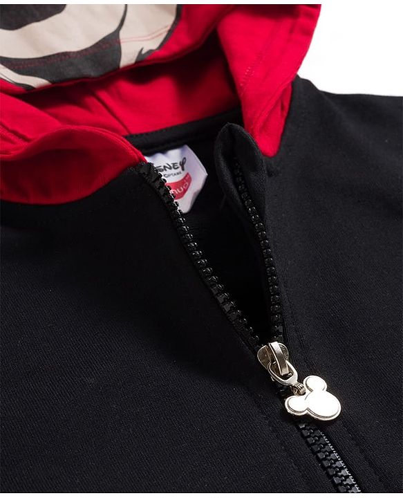 Babyhug Disney Terry Knit  Drop Shoulder Full Sleeves Hooded Sweatshirt with Minnie Mouse Graphics and 3D Appilque - Red & Black