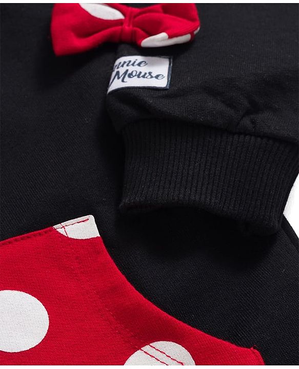 Babyhug Disney Terry Knit  Drop Shoulder Full Sleeves Hooded Sweatshirt with Minnie Mouse Graphics and 3D Appilque - Red & Black