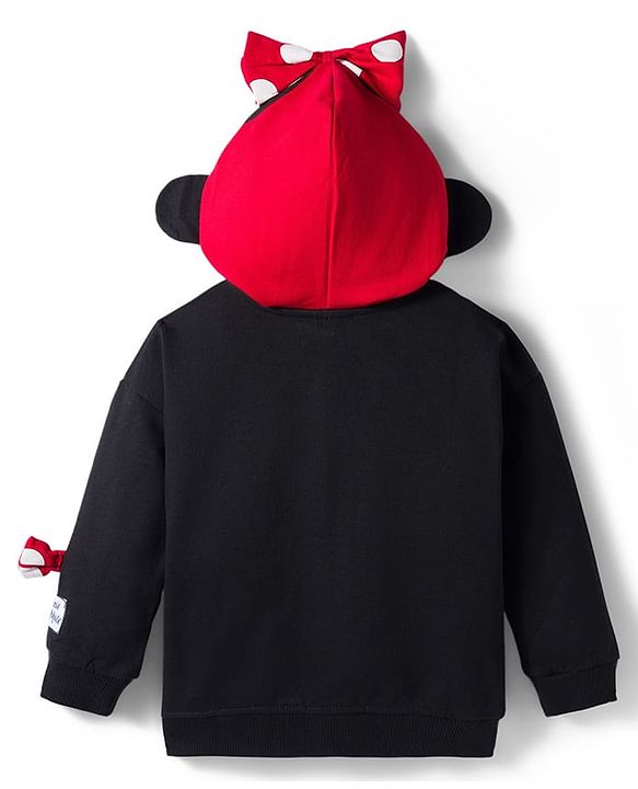 Babyhug Disney Terry Knit  Drop Shoulder Full Sleeves Hooded Sweatshirt with Minnie Mouse Graphics and 3D Appilque - Red & Black