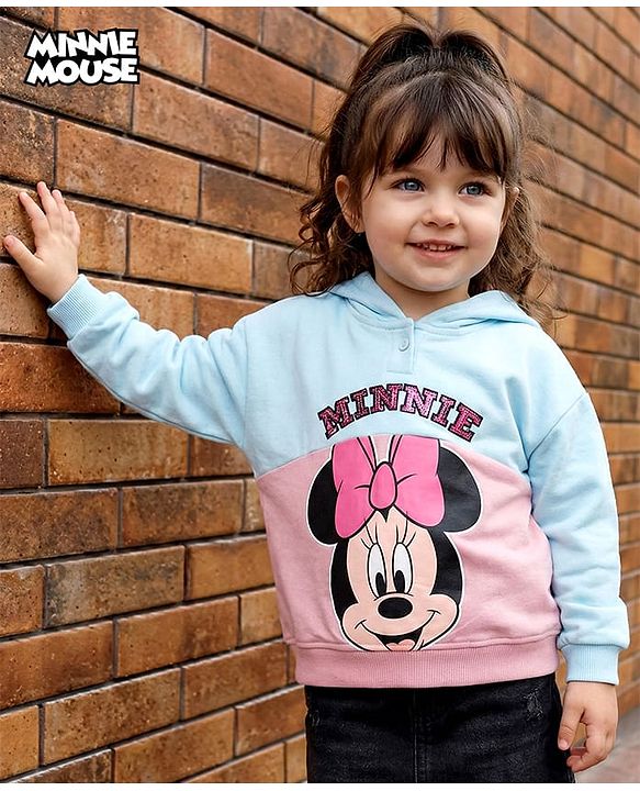 Babyhug Disney Terry Knit Drop Shoulder Full Sleeves Hooded Sweatshirt With Minnie Mouse Graphics & Sequin Detailing - Light Blue