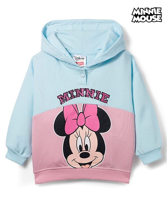 Babyhug Disney Terry Knit Drop Shoulder Full Sleeves Hooded Sweatshirt With Minnie Mouse Graphics & Sequin Detailing - Light Blue