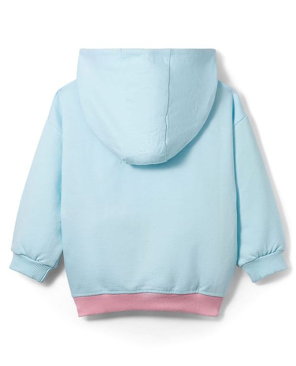 Babyhug Disney Terry Knit Drop Shoulder Full Sleeves Hooded Sweatshirt With Minnie Mouse Graphics & Sequin Detailing - Light Blue