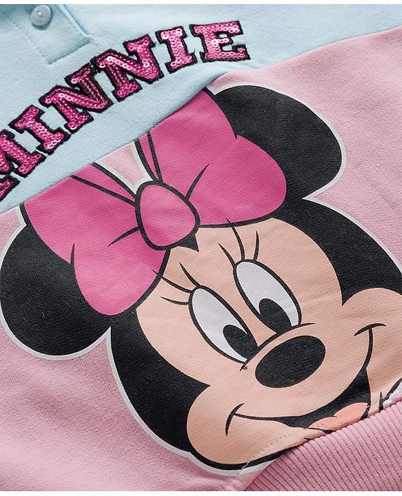 Babyhug Disney Terry Knit Drop Shoulder Full Sleeves Hooded Sweatshirt With Minnie Mouse Graphics & Sequin Detailing - Light Blue