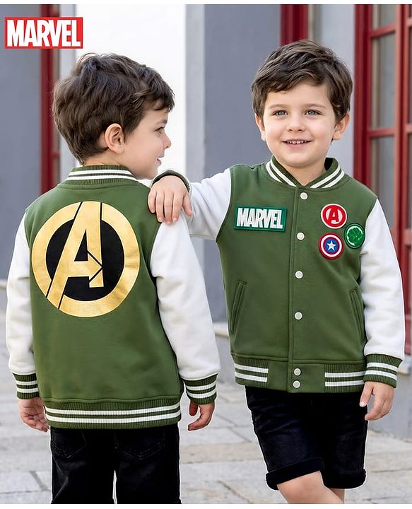 Babyhug Marvel Terry Knit Full Sleeves Bomber Jacket with Avengers Badge Detailing & Kangaroo Pocket - Green