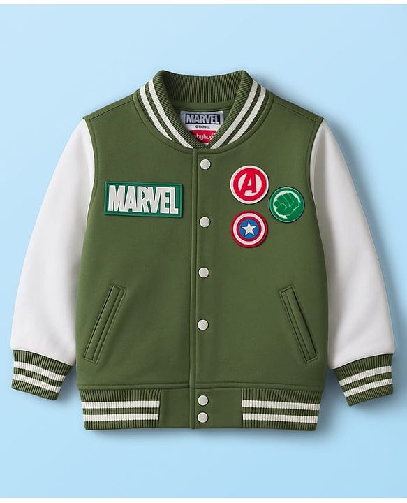 Babyhug Marvel Terry Knit Full Sleeves Bomber Jacket with Avengers Badge Detailing & Kangaroo Pocket - Green