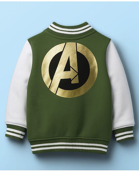Babyhug Marvel Terry Knit Full Sleeves Bomber Jacket with Avengers Badge Detailing & Kangaroo Pocket - Green