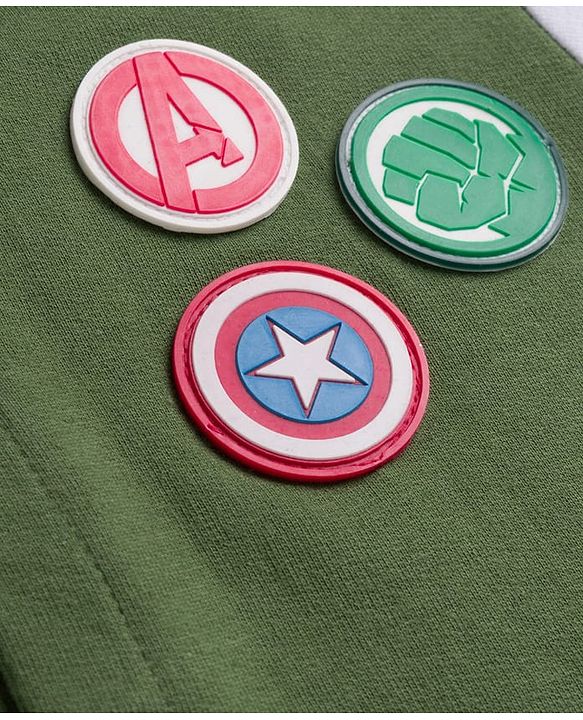 Babyhug Marvel Terry Knit Full Sleeves Bomber Jacket with Avengers Badge Detailing & Kangaroo Pocket - Green