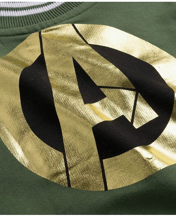 Babyhug Marvel Terry Knit Full Sleeves Bomber Jacket with Avengers Badge Detailing & Kangaroo Pocket - Green