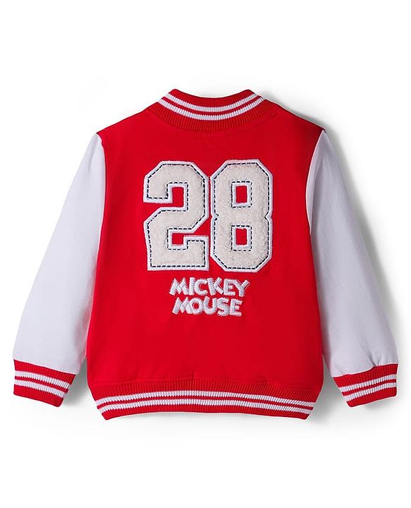 Babyhug Disney Terry Knit Full Sleeves Bomber Jacket with Mickey Mouse Badge Detailing - Red