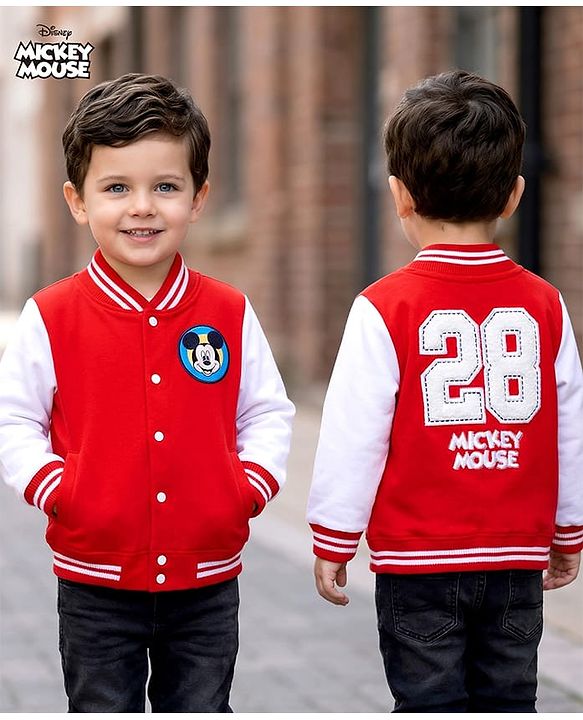 Babyhug Disney Terry Knit Full Sleeves Bomber Jacket with Mickey Mouse Badge Detailing - Red