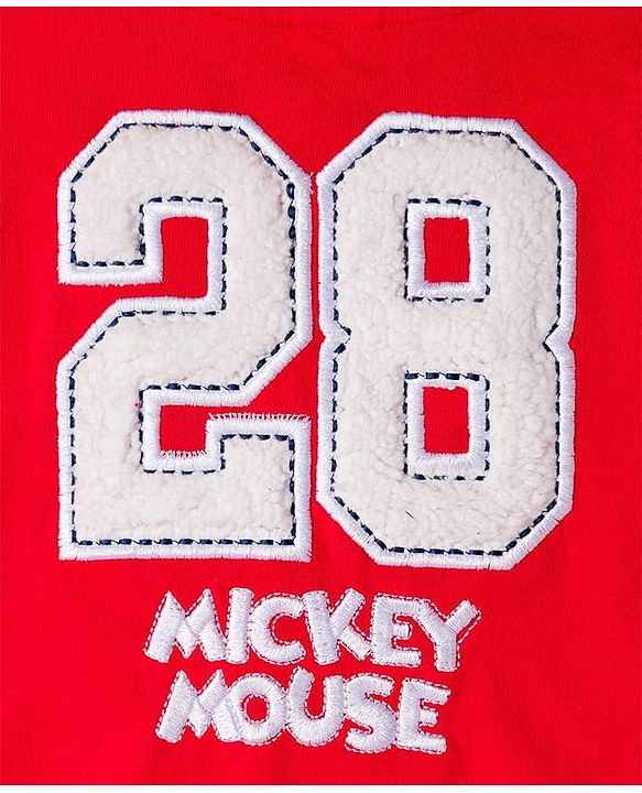 Babyhug Disney Terry Knit Full Sleeves Bomber Jacket with Mickey Mouse Badge Detailing - Red