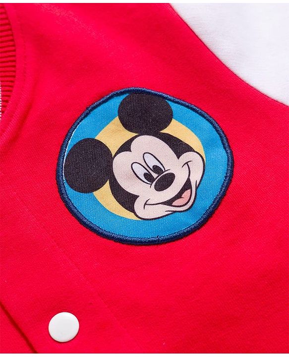 Babyhug Disney Terry Knit Full Sleeves Bomber Jacket with Mickey Mouse Badge Detailing - Red