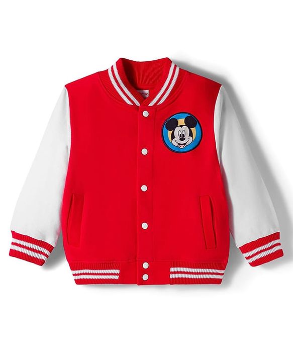 Babyhug Disney Terry Knit Full Sleeves Bomber Jacket with Mickey Mouse Badge Detailing - Red