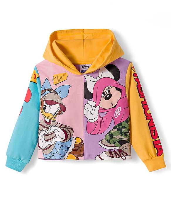 Pine Kids Disney Terry Knit Full Sleeves Hooded T-Shirt and Lounge Pant Set with Minnie Mouse and Friends Graphics - Pink & Purple