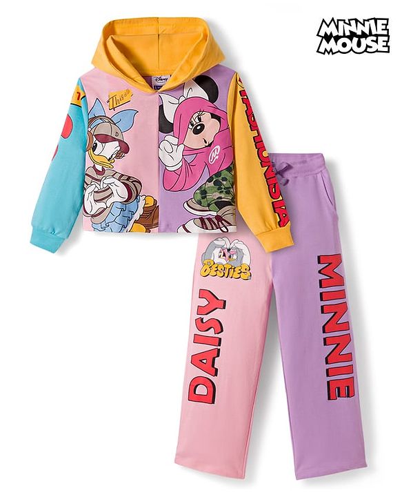 Pine Kids Disney Terry Knit Full Sleeves Hooded T-Shirt and Lounge Pant Set with Minnie Mouse and Friends Graphics - Pink & Purple