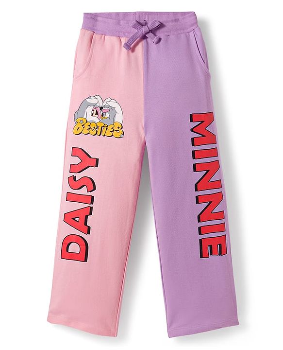 Pine Kids Disney Terry Knit Full Sleeves Hooded T-Shirt and Lounge Pant Set with Minnie Mouse and Friends Graphics - Pink & Purple