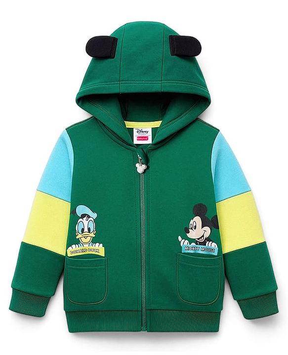 Babyhug Disney Terry Knit Full Sleeves Hooded Sweatjacket With Mickey Mouse Graphics & 3D Applique - Green