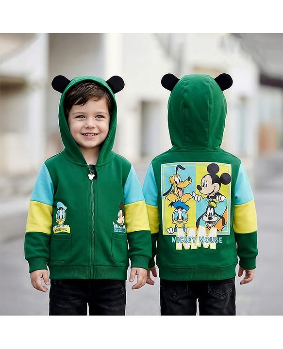 Babyhug Disney Terry Knit Full Sleeves Hooded Sweatjacket With Mickey Mouse Graphics & 3D Applique - Green