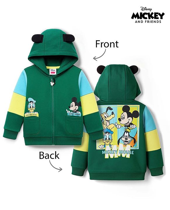 Babyhug Disney Terry Knit Full Sleeves Hooded Sweatjacket With Mickey Mouse Graphics & 3D Applique - Green