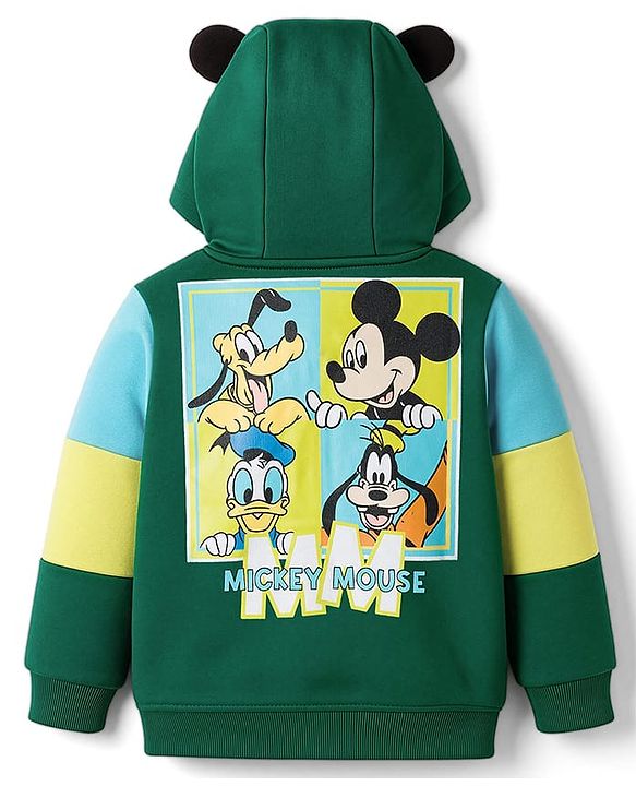 Babyhug Disney Terry Knit Full Sleeves Hooded Sweatjacket With Mickey Mouse Graphics & 3D Applique - Green