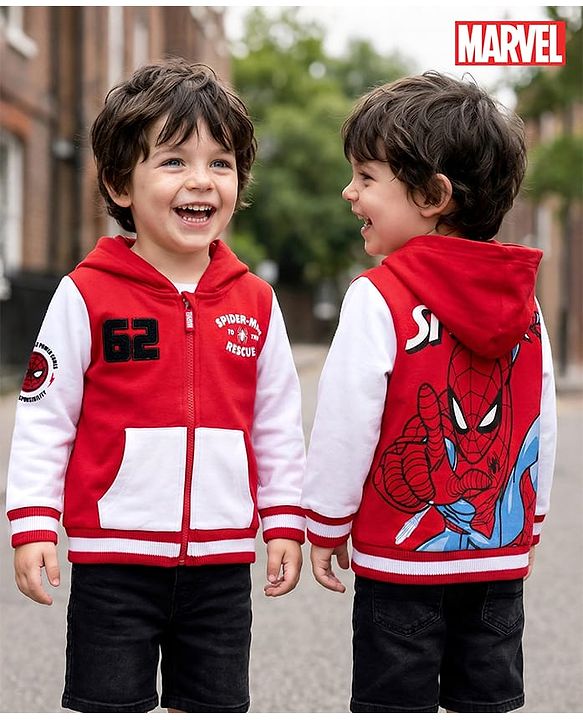 Babyhug Marvel Terry Knit Full Sleeves Hooded Sweatjacket with Spider-Man Graphics and Badge Detailing - Red & White