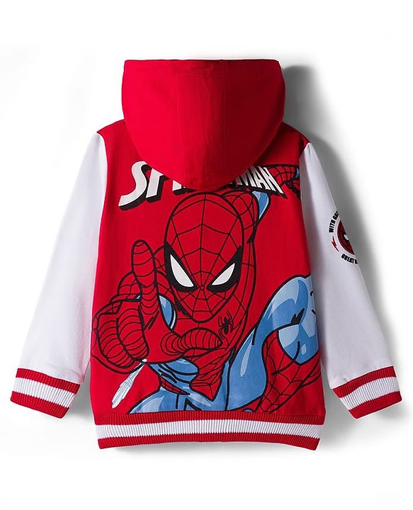 Babyhug Marvel Terry Knit Full Sleeves Hooded Sweatjacket with Spider-Man Graphics and Badge Detailing - Red & White