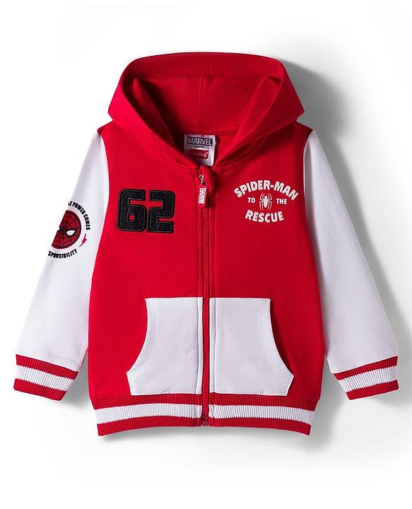 Babyhug Marvel Terry Knit Full Sleeves Hooded Sweatjacket with Spider-Man Graphics and Badge Detailing - Red & White