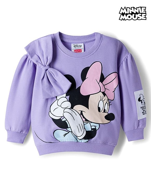 Babyhug Disney Terry Knit Full Sleeves Sweatshirt with Minnie Mouse Graphic & Bow Applique - Lavender