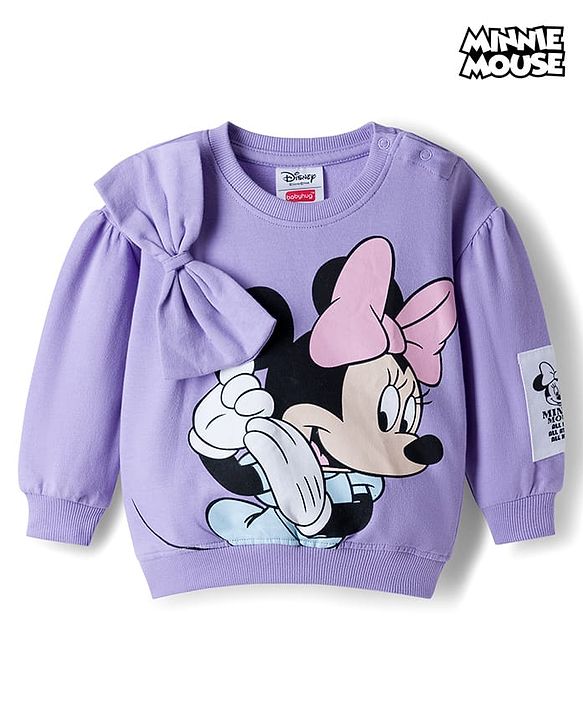 Babyhug Disney Terry Knit Full Sleeves Sweatshirt with Minnie Mouse Graphic & Bow Applique - Lavender