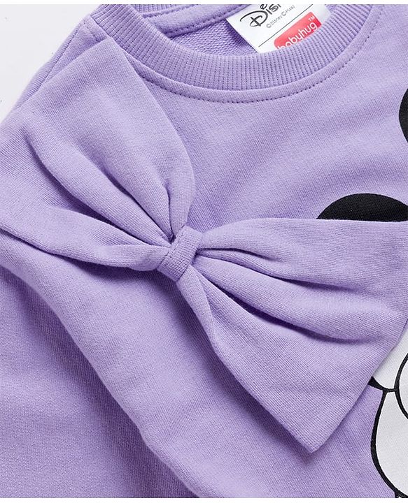 Babyhug Disney Terry Knit Full Sleeves Sweatshirt with Minnie Mouse Graphic & Bow Applique - Lavender