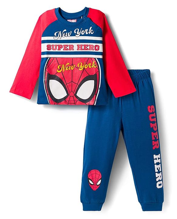 Babyhug Marvel Single Jersey Knit Full Raglan Sleeves Night Suit With Spider Man Graphics - Red & Blue