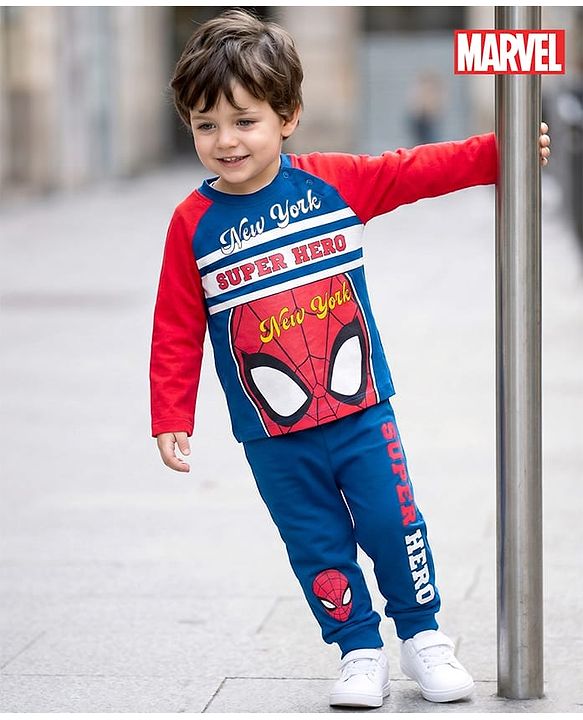 Babyhug Marvel Single Jersey Knit Full Raglan Sleeves Night Suit With Spider Man Graphics - Red & Blue