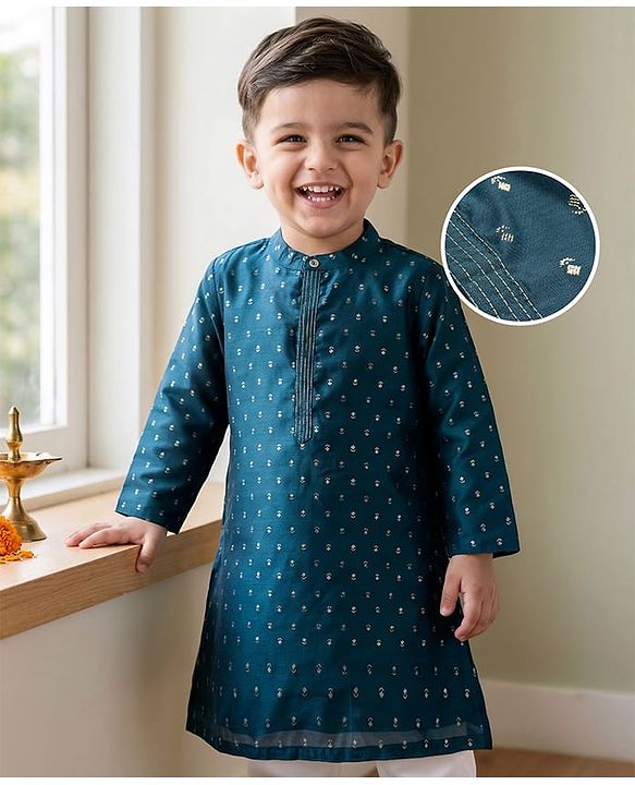 Babyhug Rayon Woven Full Sleeves Kurta With Floral Print - Teal Blue