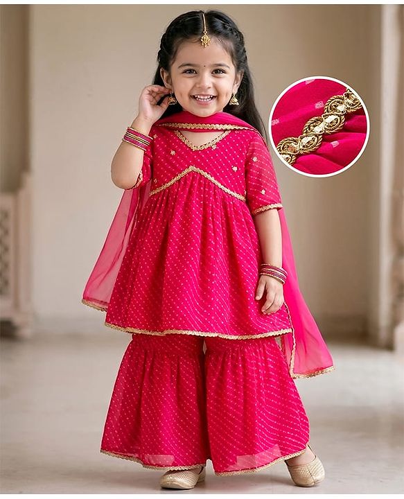 Babyhug Georgette Woven Three Fourth Sleeves Kurta Gharara & Dupatta Set With Sequin Detailing - Fuschia