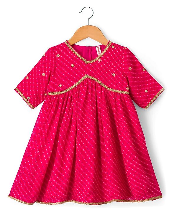 Babyhug Georgette Woven Three Fourth Sleeves Kurta Gharara & Dupatta Set With Sequin Detailing - Fuschia