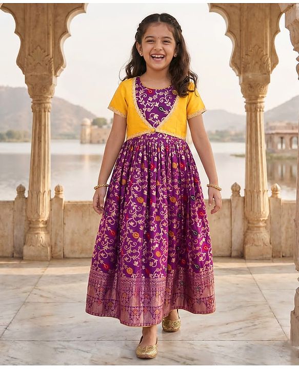 Pine Kids Woven Half Sleeves Shrug & Ethnic Gown with Floral Foil Print - Purple & Mustard