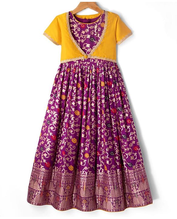 Pine Kids Woven Half Sleeves Shrug & Ethnic Gown with Floral Foil Print - Purple & Mustard