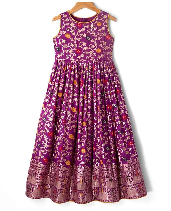Pine Kids Woven Half Sleeves Shrug & Ethnic Gown with Floral Foil Print - Purple & Mustard
