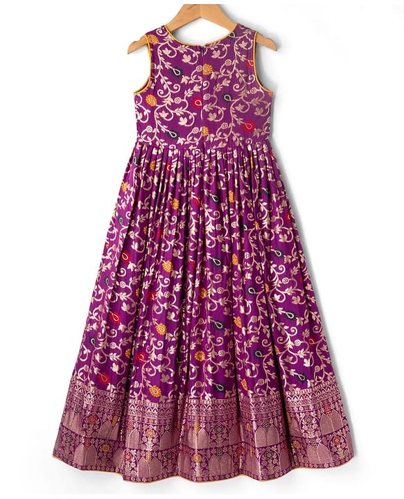 Pine Kids Woven Half Sleeves Shrug & Ethnic Gown with Floral Foil Print - Purple & Mustard