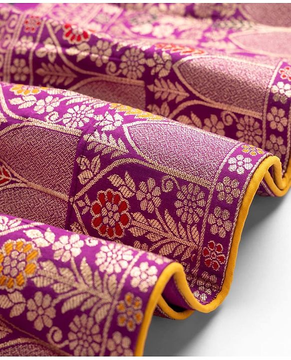 Pine Kids Woven Half Sleeves Shrug & Ethnic Gown with Floral Foil Print - Purple & Mustard