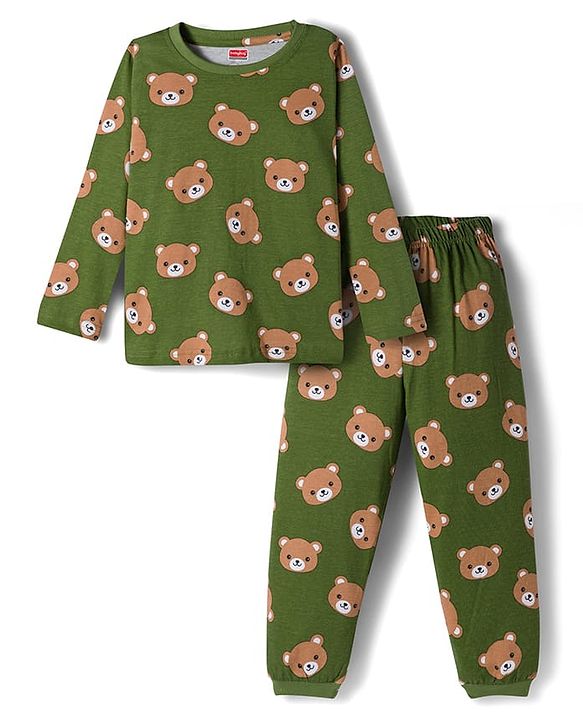 Babyhug Cotton Knit Full Sleeves Co-ords Night Suit With Animal Print - Green