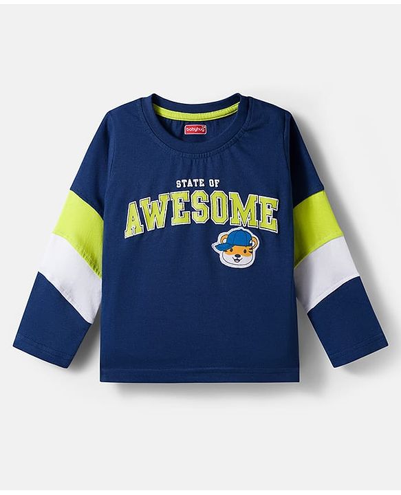 Babyhug 100% Cotton Knit Full Sleeves T-Shirt with Awesome Text Print - Navy Blue