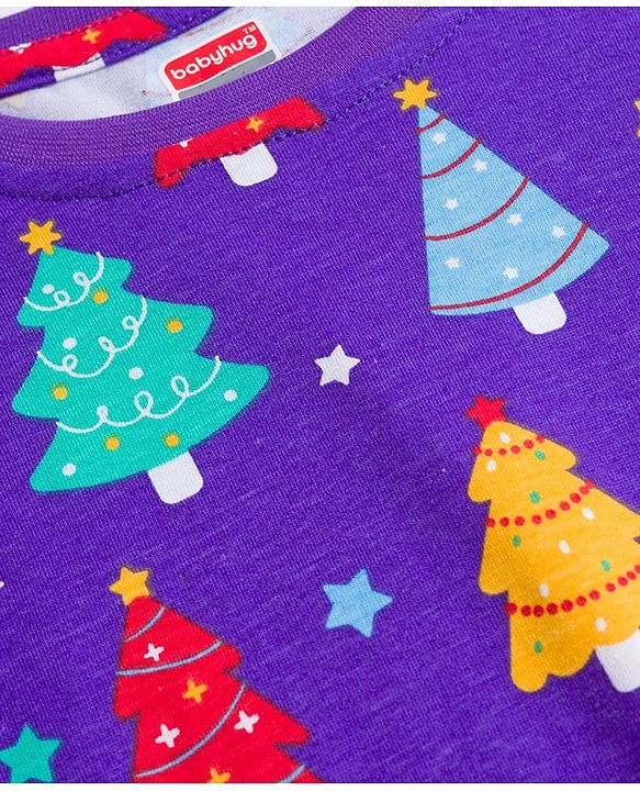 Babyhug Cotton Knit Full Sleeves Co-ords Night Suit With Tree Print - Purple