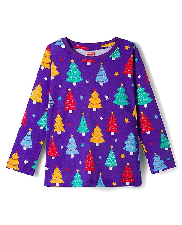 Babyhug Cotton Knit Full Sleeves Co-ords Night Suit With Tree Print - Purple