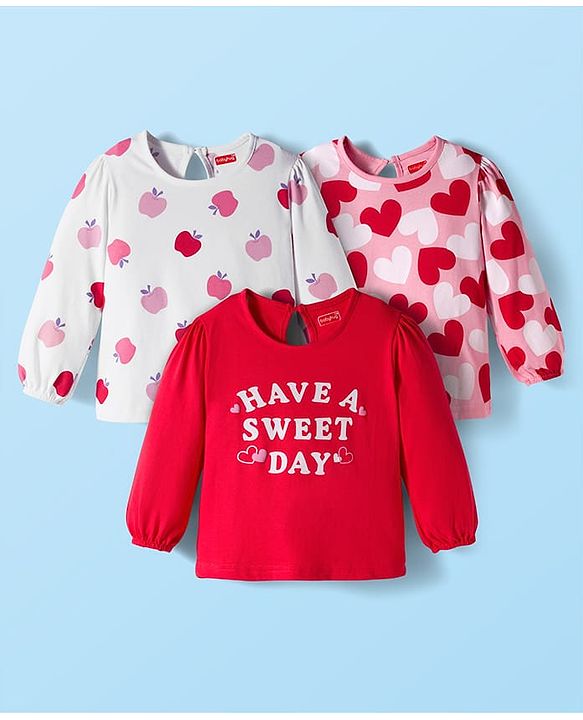 Babyhug 100% Cotton Knit Full Sleeves T-Shirts with Text Apple & Heart Print Pack of 3 - White Pink & Red