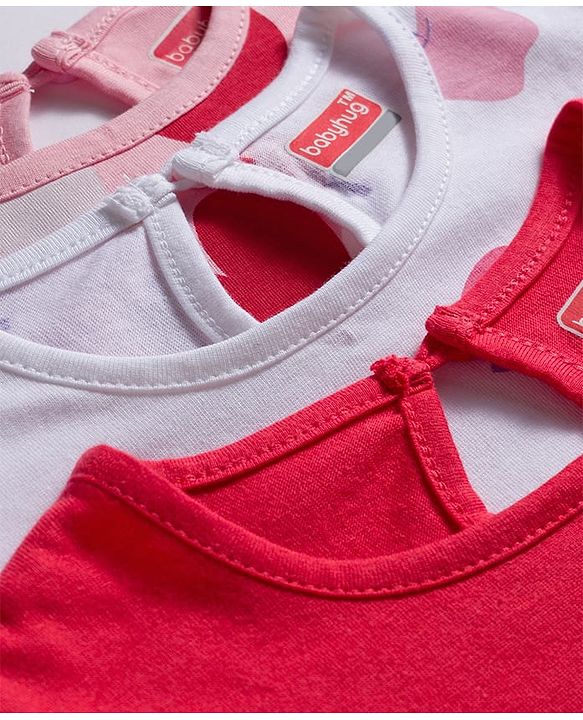 Babyhug 100% Cotton Knit Full Sleeves T-Shirts with Text Apple & Heart Print Pack of 3 - White Pink & Red